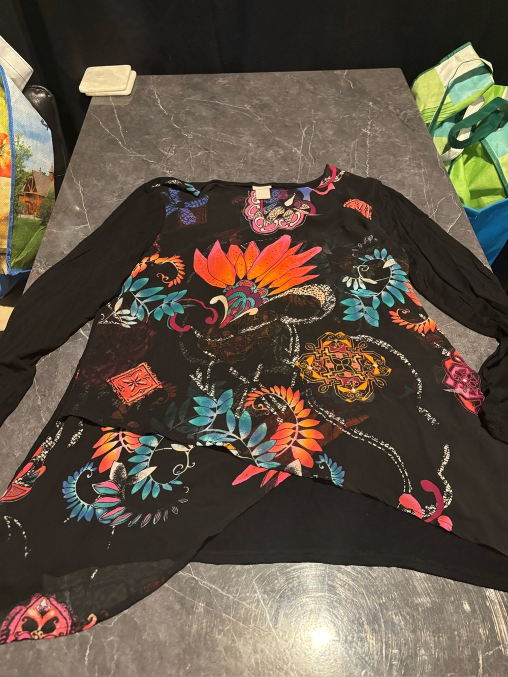 Chico's Black Floral Paisley Layered Tunic with Bright Accents